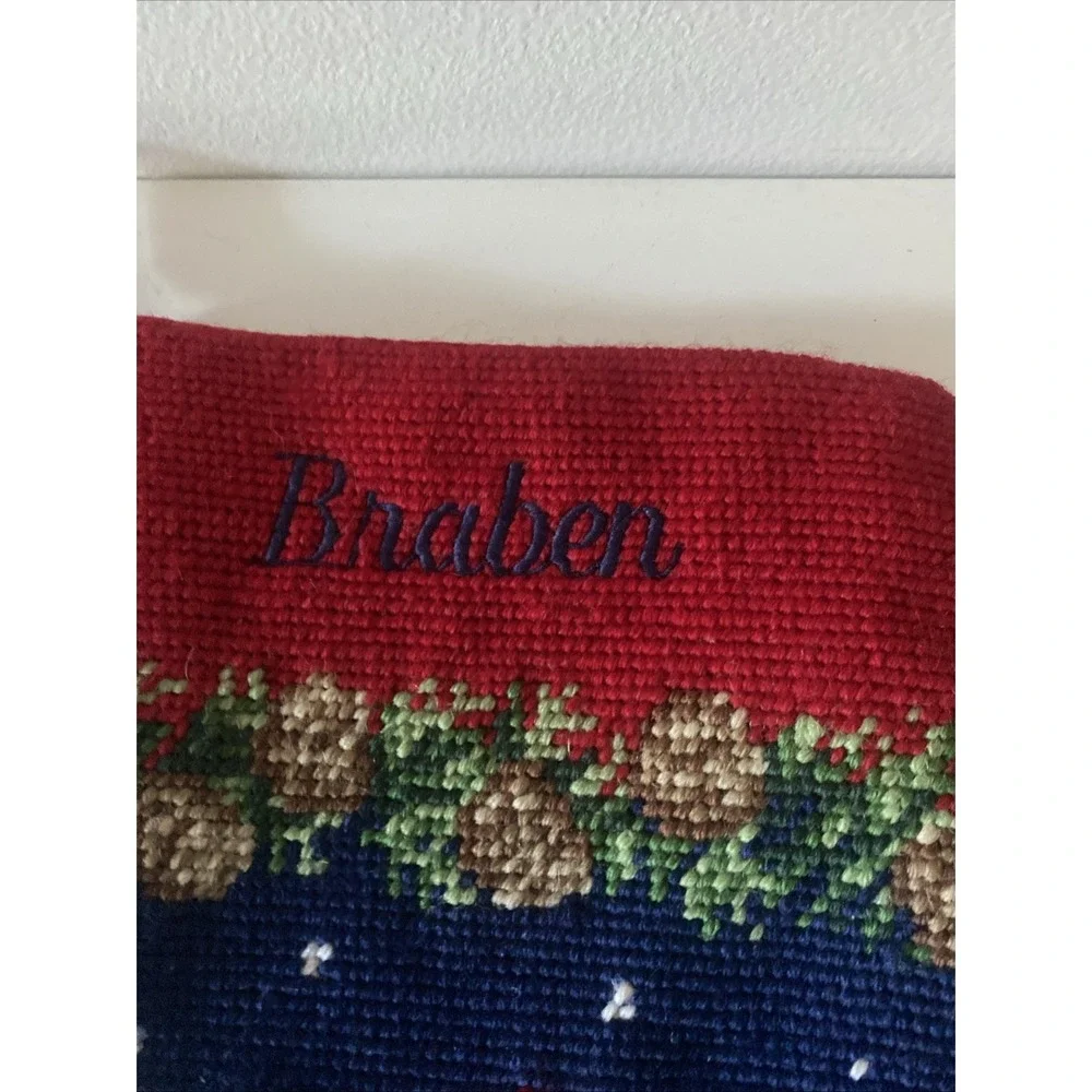 Christmas Snowman Lot of 2 Stockings Wool Needlepoint By Hand Red Velvet